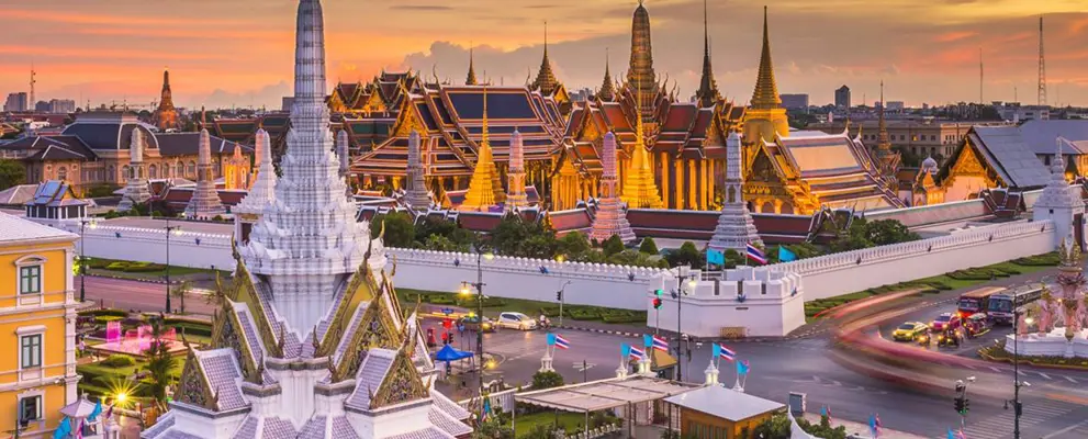 Temple at a busy crossroad in Thailand