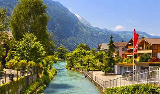 A flowing river through a Swiss mountain range